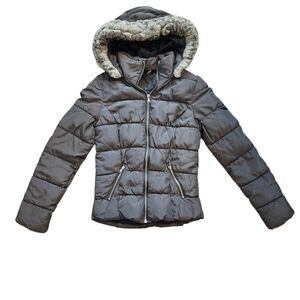 H&M Womens Dark Olive Puffer Jacket w/ Faux Fur Hood - Size 2 (XS)